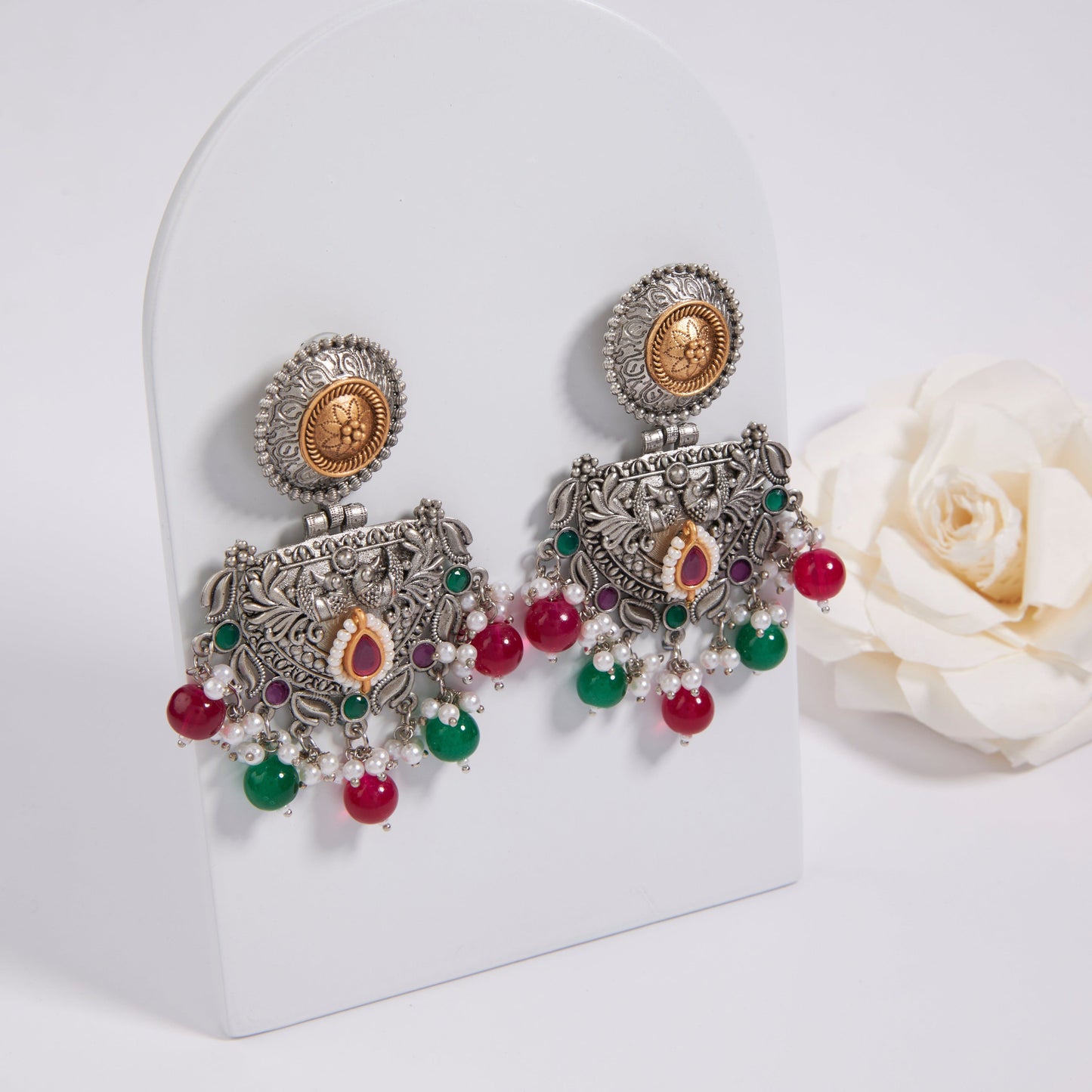 Antique Silver Earrings with Handcrafted Multicolored Artistry - AASER052