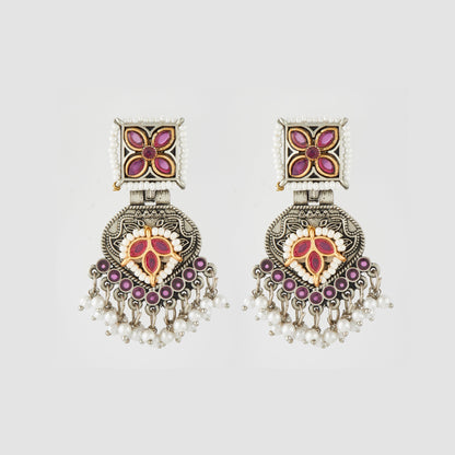Antique Silver Earrings with Handcrafted Multicolored Artistry - AASER050
