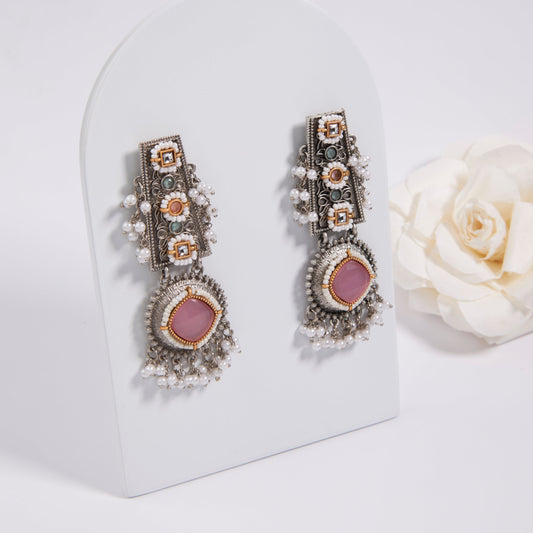 Antique Silver Earrings with Handcrafted Multicolored Artistry - AASER054