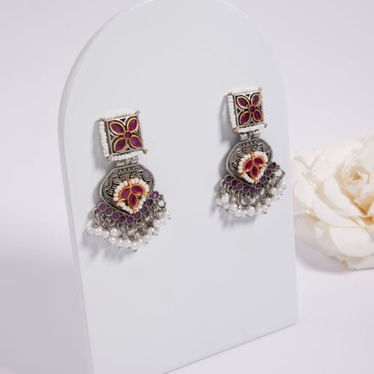 Antique Silver Earrings with Handcrafted Multicolored Artistry - AASER050